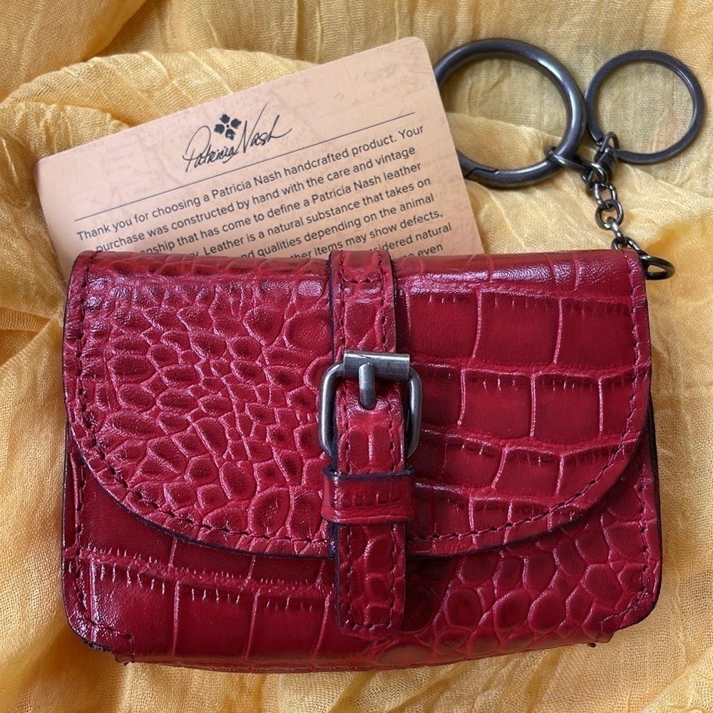 Brand New Patricia Nash Genuine Leather Embossed Berry Red Coin Purse Key Holder